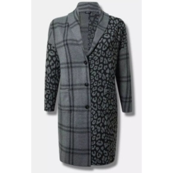 Torrid Women's Plus Size 2 Gray Plaid & Leopard Coatigan - Picture 1 of 10